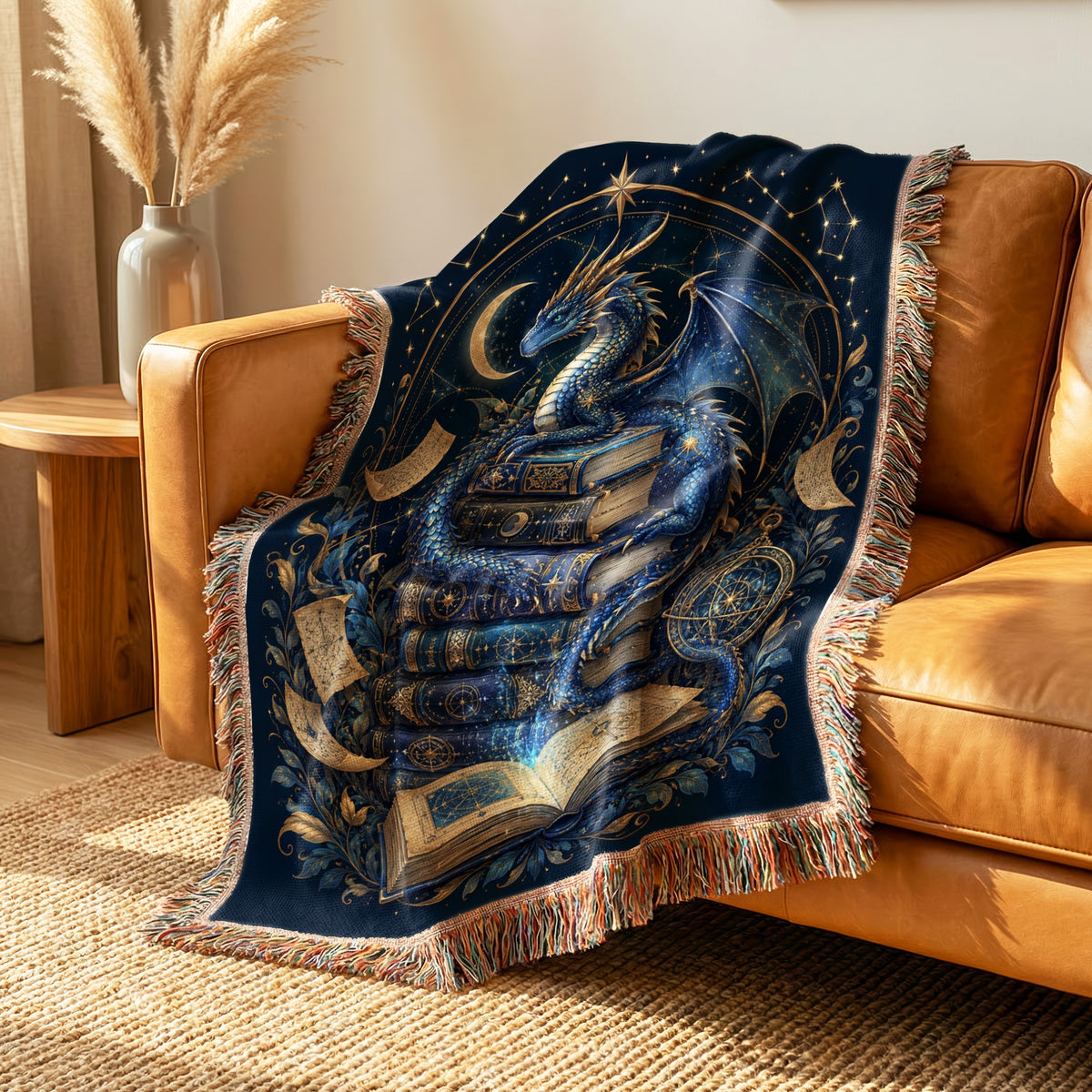 Celestial Blue Dragon & Ancient Books Blanket