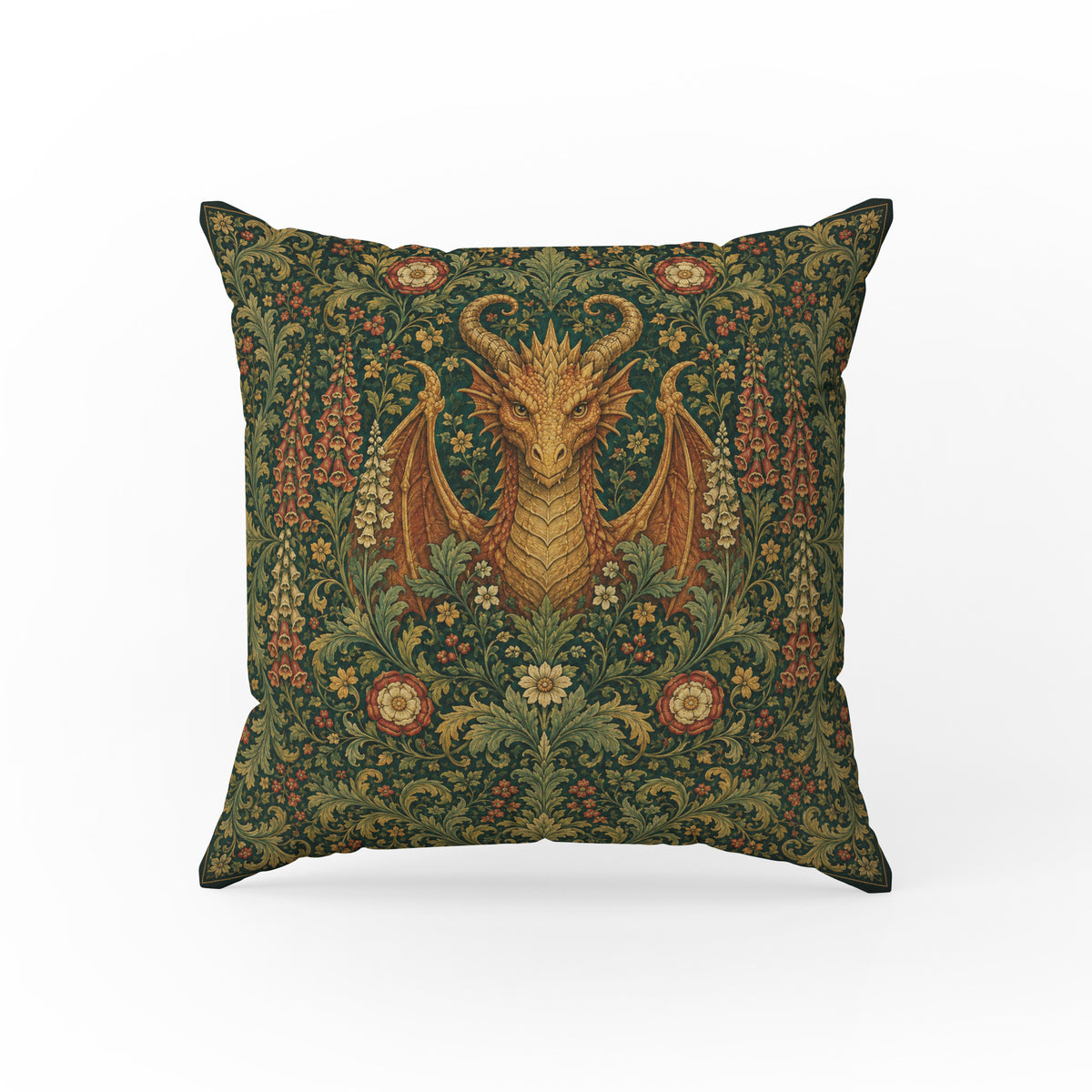 The Horned Wyrm – Medieval Dragon Floral Pillow Main image