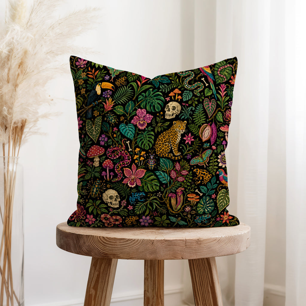 Midnight Jungle Curiosities – Dark Tropical Pillow