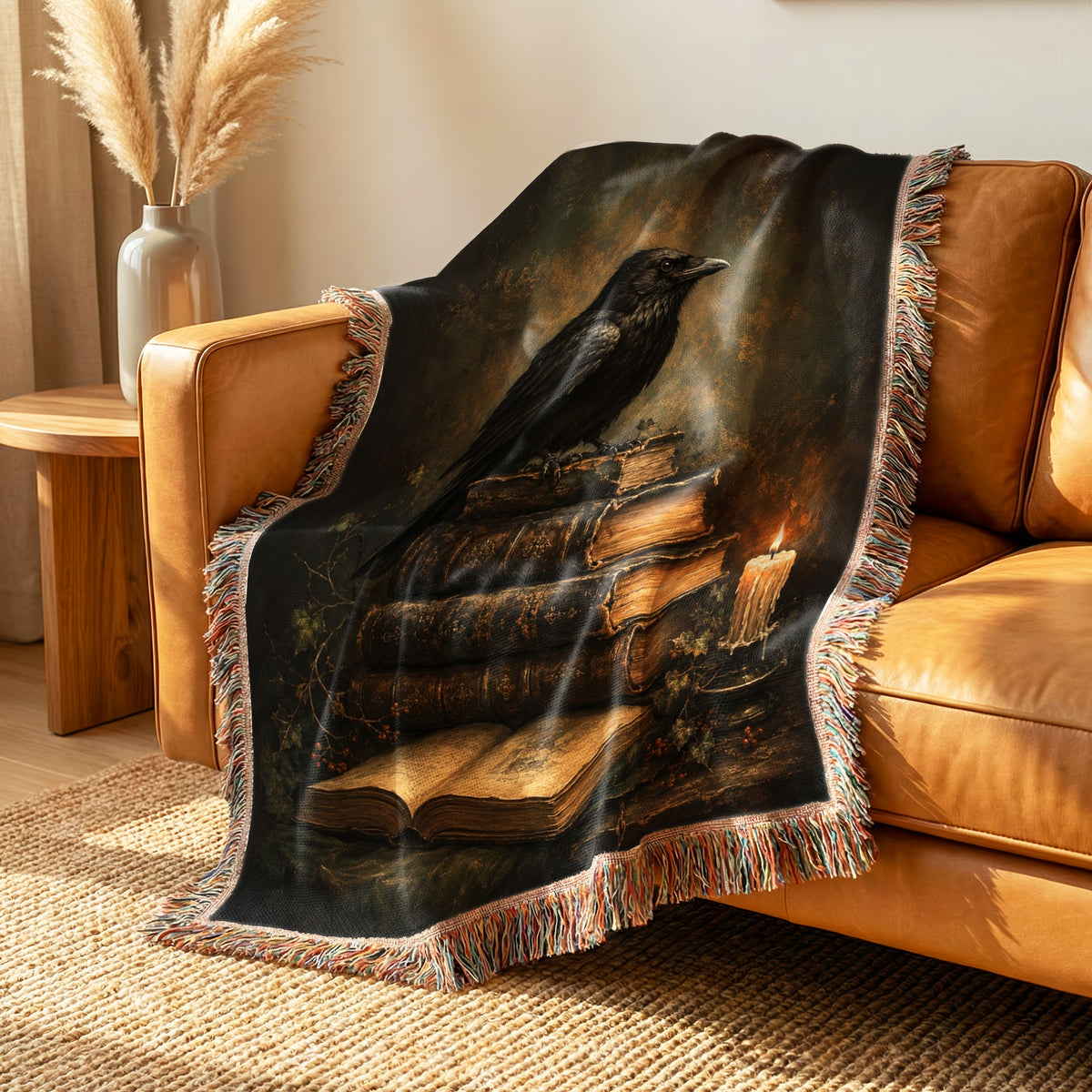 Candlelit Raven & Antique Books Blanket