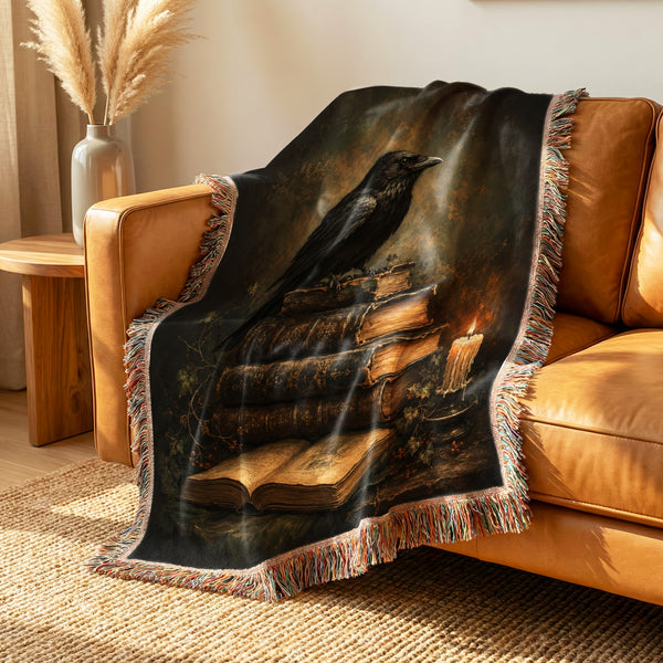 Candlelit Raven & Antique Books Blanket