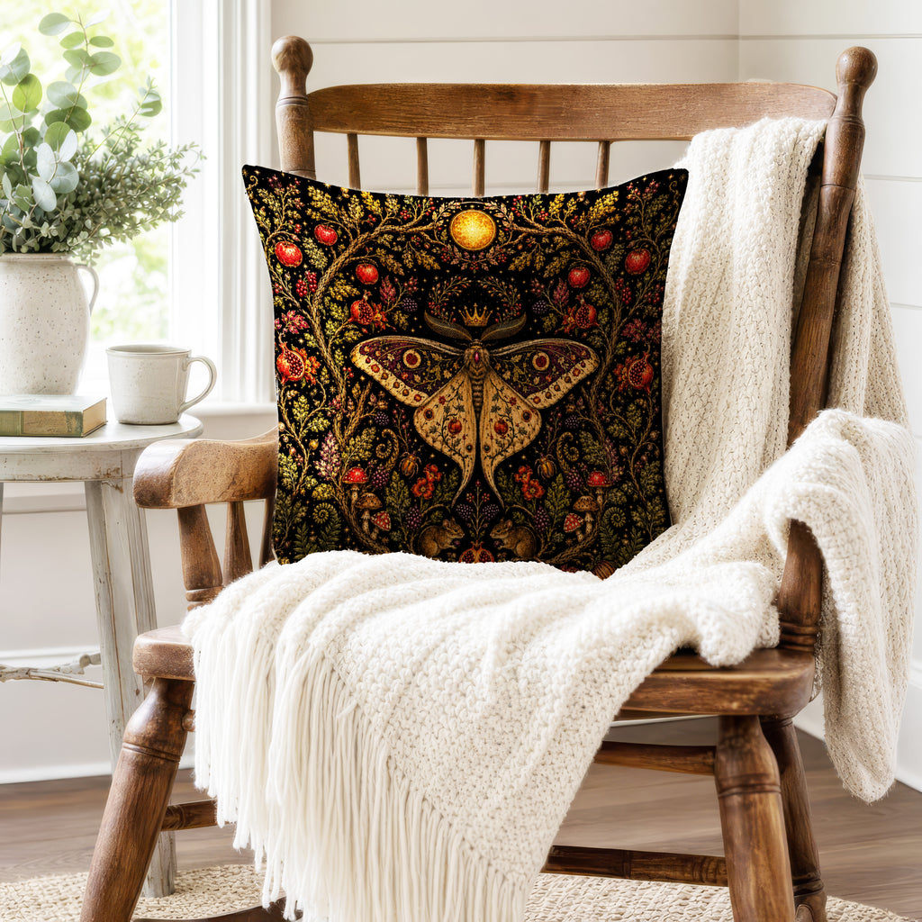 The Crowned Luna – Moth & Pomegranate Pillow
