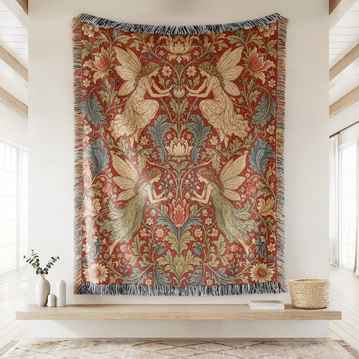 Crimson Floral Fairy Tapestry Blanket