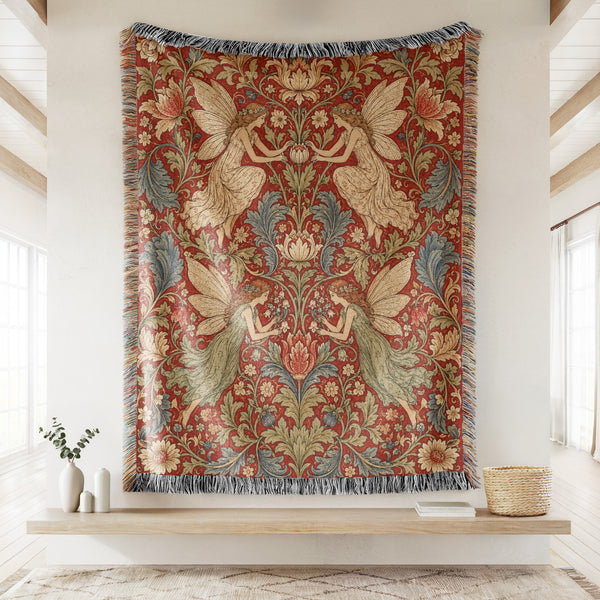 Crimson Floral Fairy Tapestry Blanket