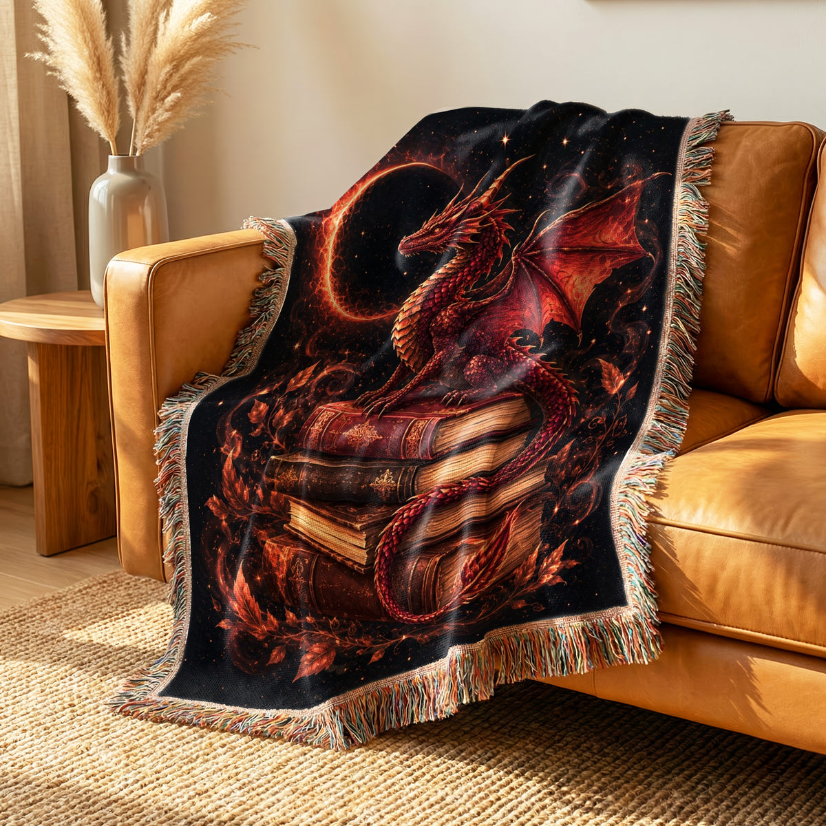 Crimson Eclipse Dragon & Books Blanket