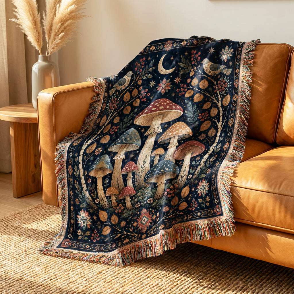 Moonlit Birch Mushroom Blanket
