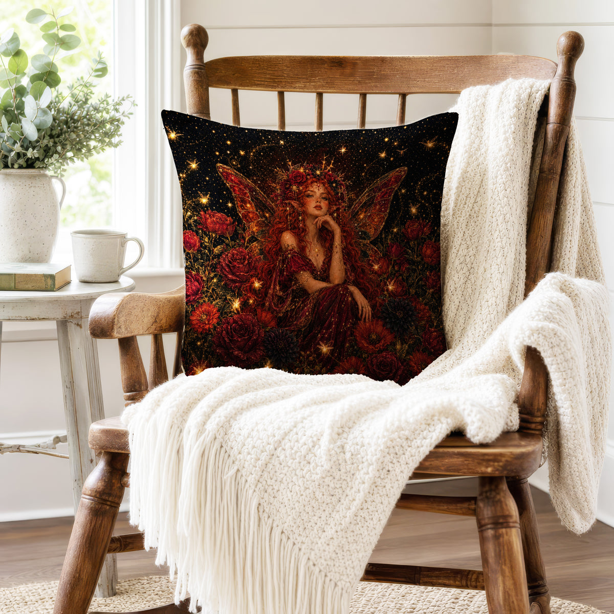 Crimson Rose Fairy – Romantic Fantasy Pillow