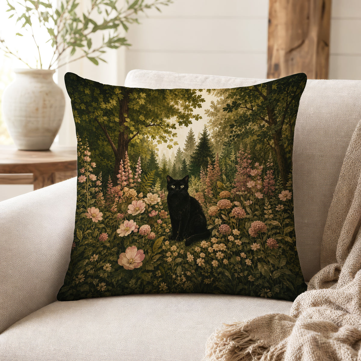 Black Cat in the Wildflower Wood – Floral Pillow
