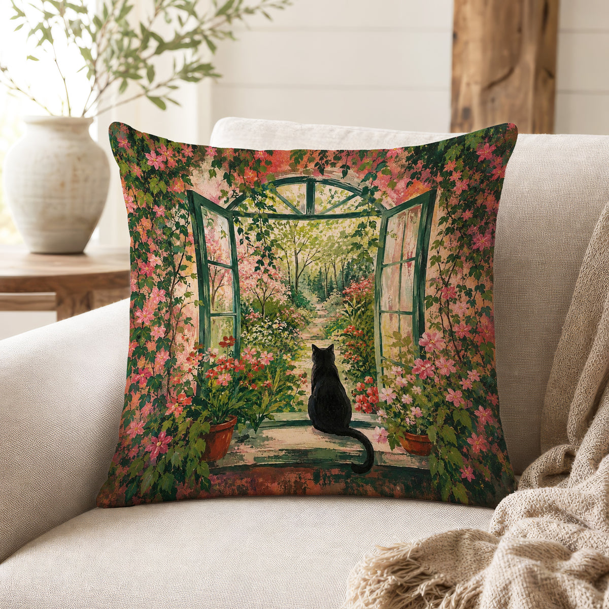 The Garden Door – Black Cat Floral Pillow