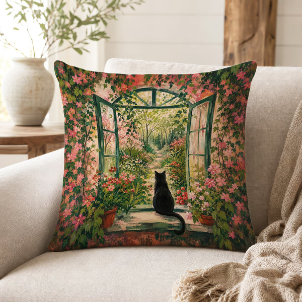 The Garden Door – Black Cat Floral Pillow