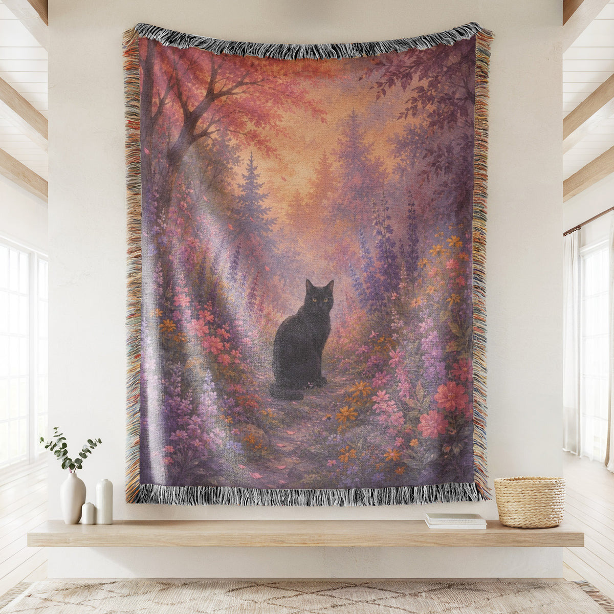 Twilight Bloom Black Cat Blanket