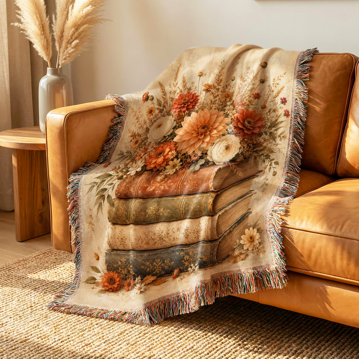 Autumn Flowers & Vintage Books Blanket