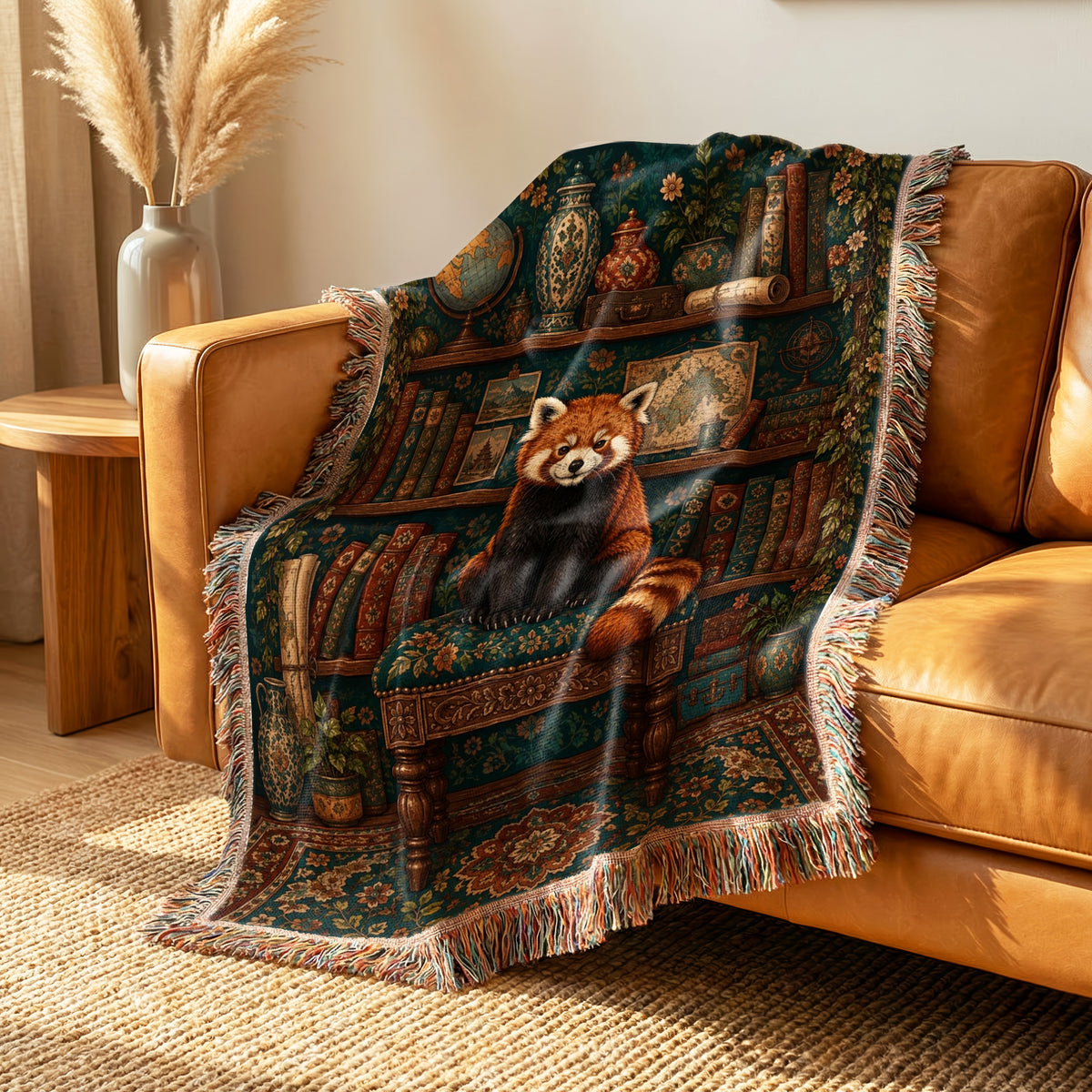 The Curious Red Panda Library Blanket