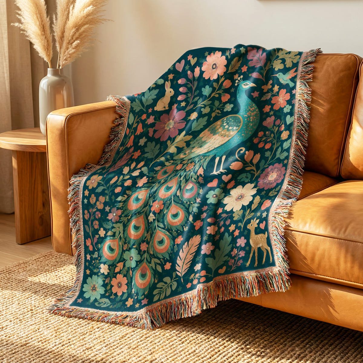 Floral Peacock Meadow Blanket