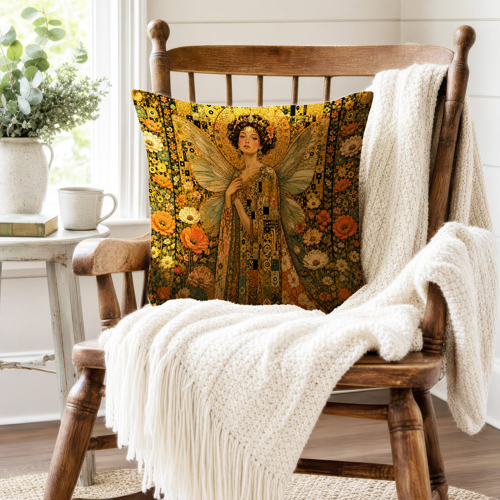 Golden Muse Fairy – Art Nouveau Floral Pillow