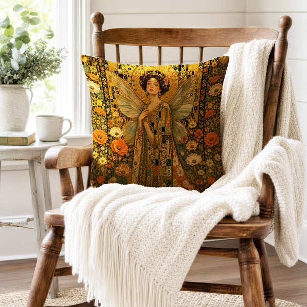 Golden Muse Fairy – Art Nouveau Floral Pillow