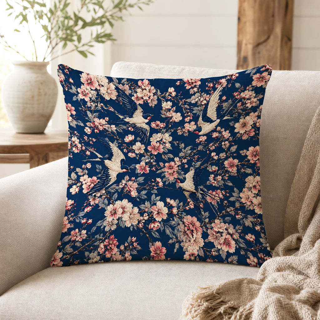 Swallows in Blossom – Floral Bird Pillow