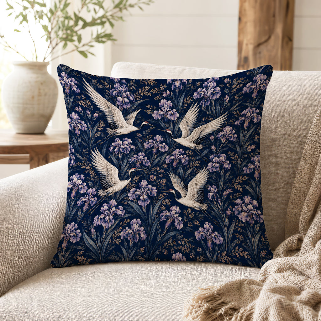 Cranes & Irises – Midnight Floral Pillow