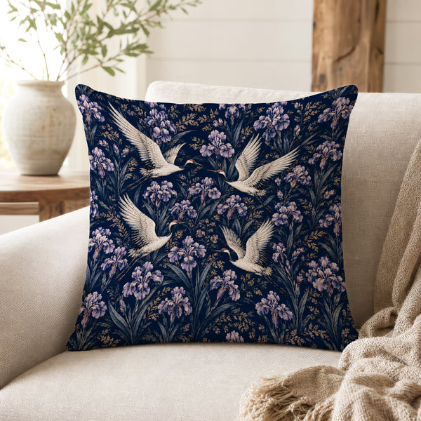 Cranes & Irises – Midnight Floral Pillow