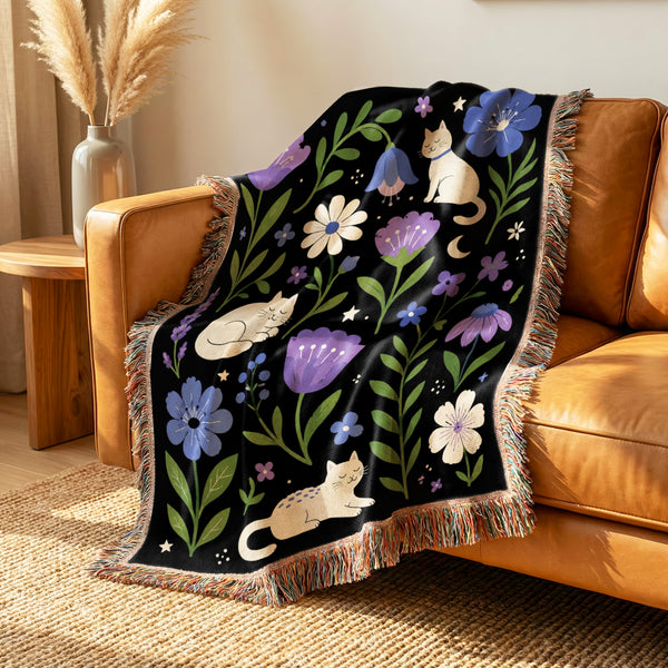 Moonlit Cats in Bloom Blanket