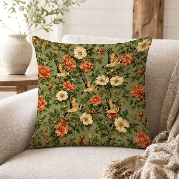 Goldfinch Garden – Vintage Floral Bird Pillow