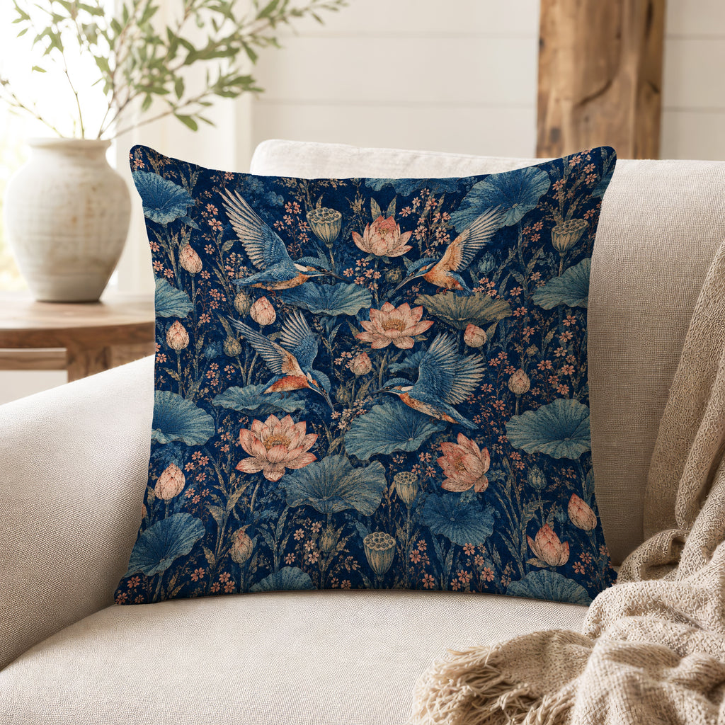 Kingfishers & Lotus – Midnight Pond Pillow