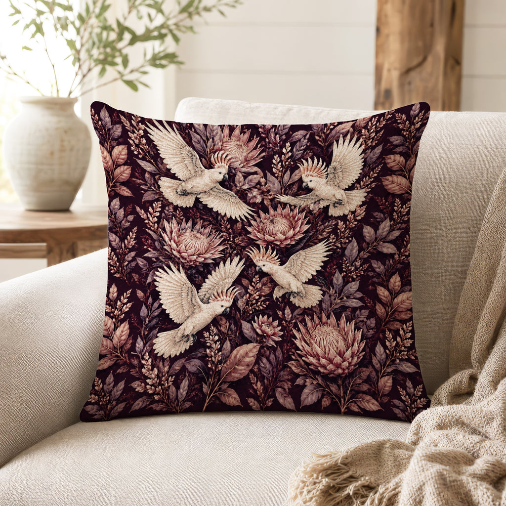 Cockatoos & Proteas – Dark Botanical Pillow