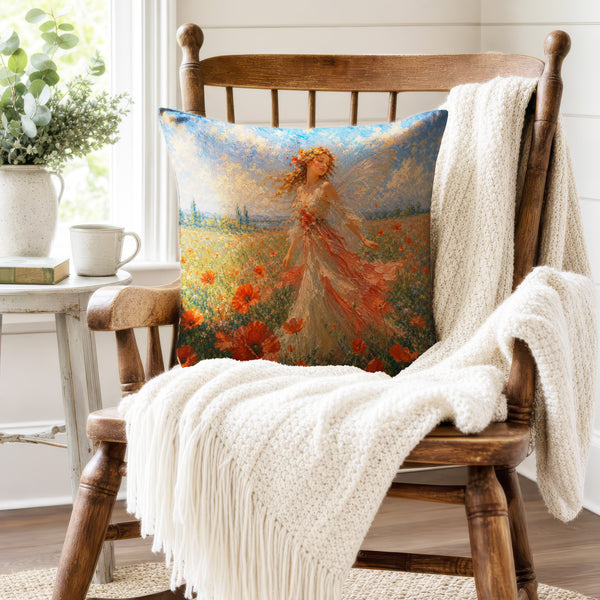 Poppy Meadow Fairy – Impressionist Floral Pillow
