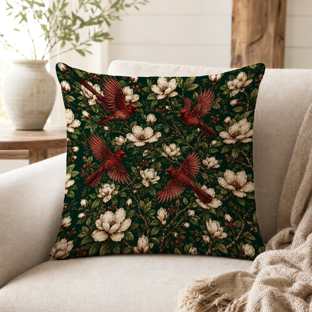 Cardinals & Magnolias – Woodland Bird Pillow
