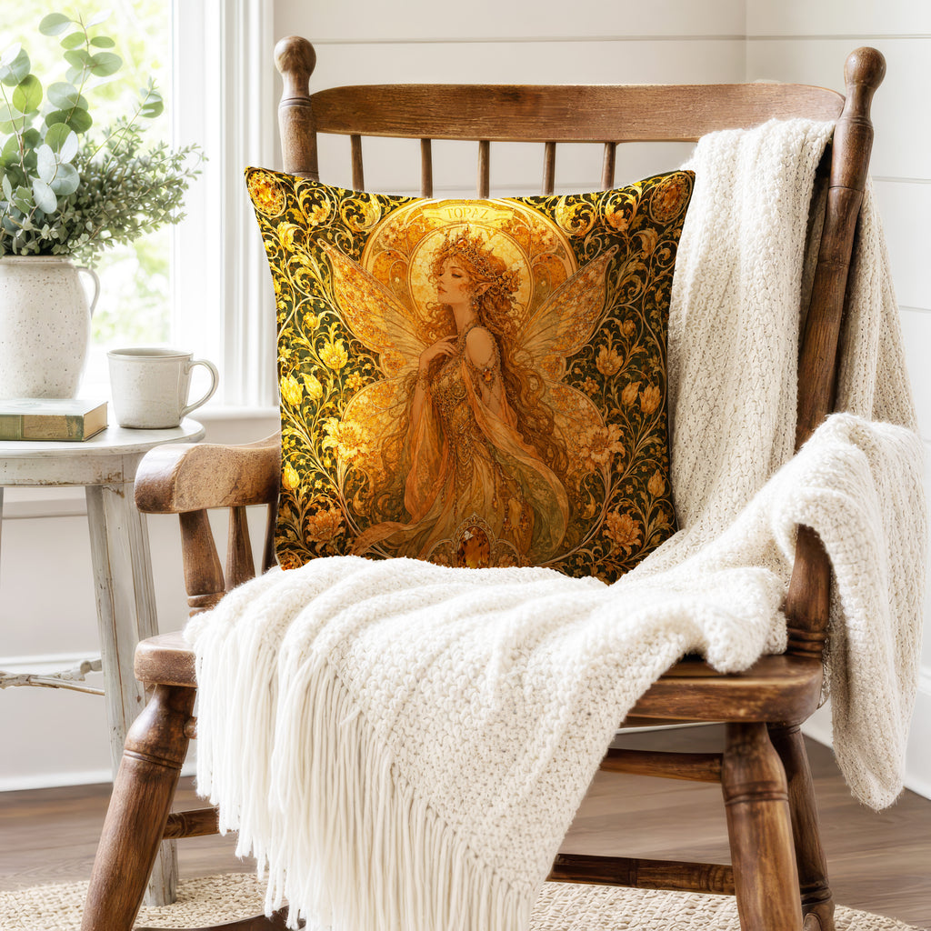 Topaz Fairy – Golden Art Nouveau Pillow