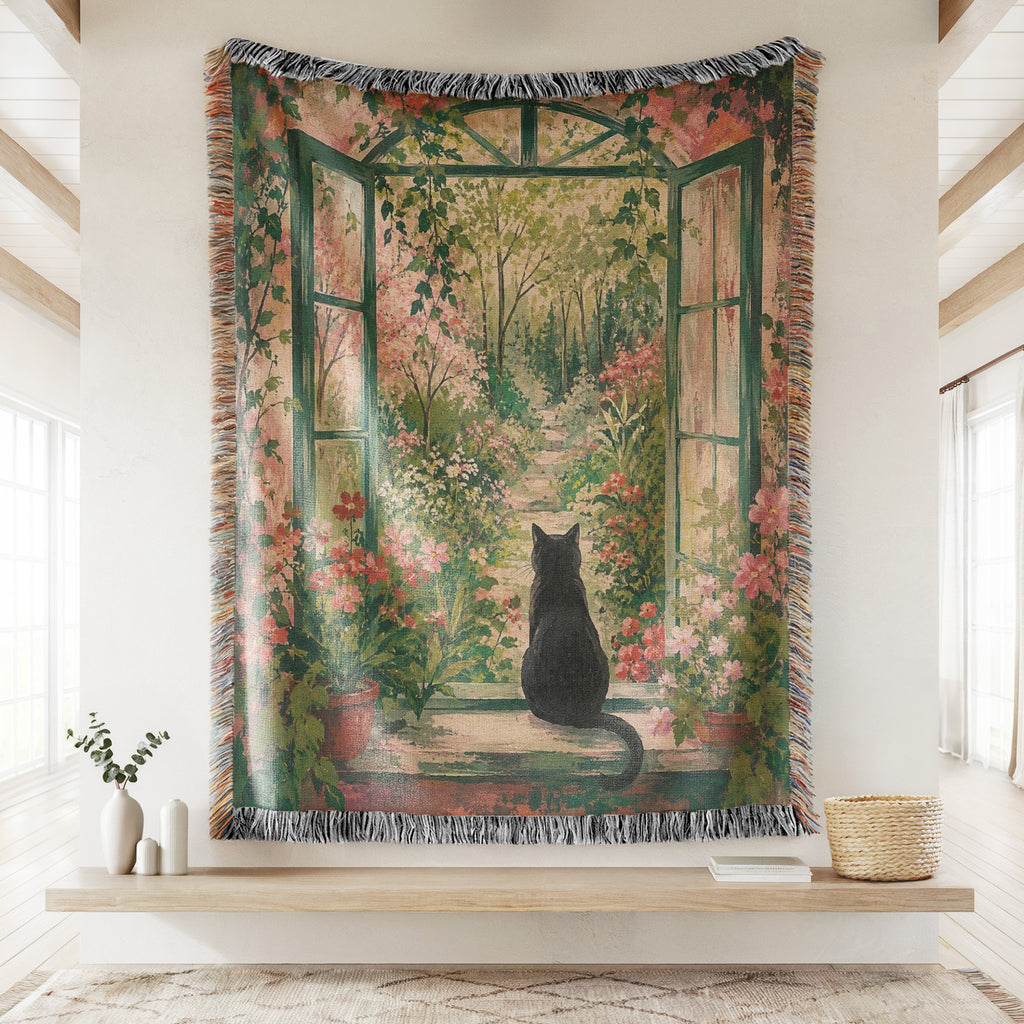 Secret Garden Window Black Cat Blanket