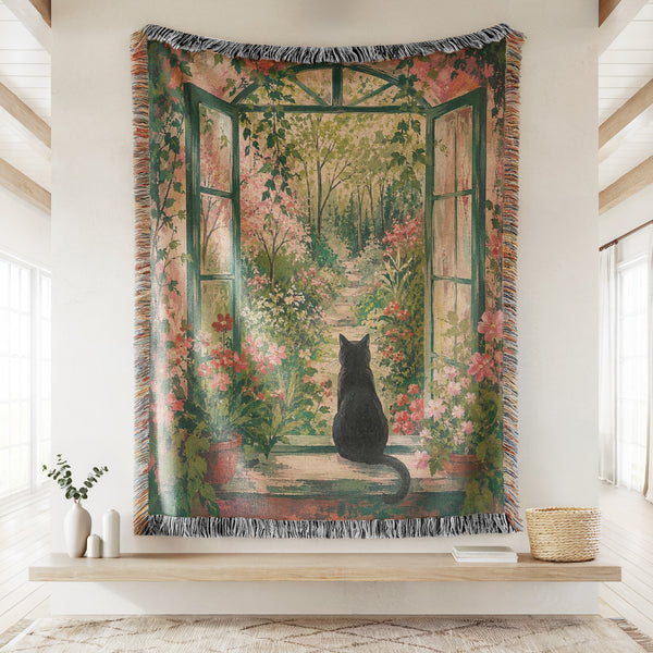 Secret Garden Window Black Cat Blanket