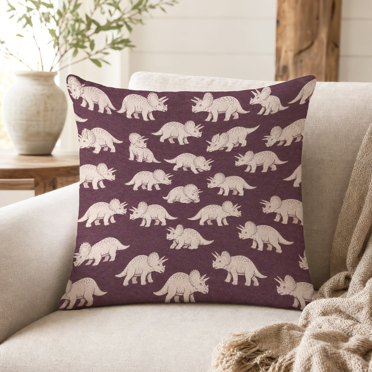 Little Triceratops – Plum Dinosaur Pillow