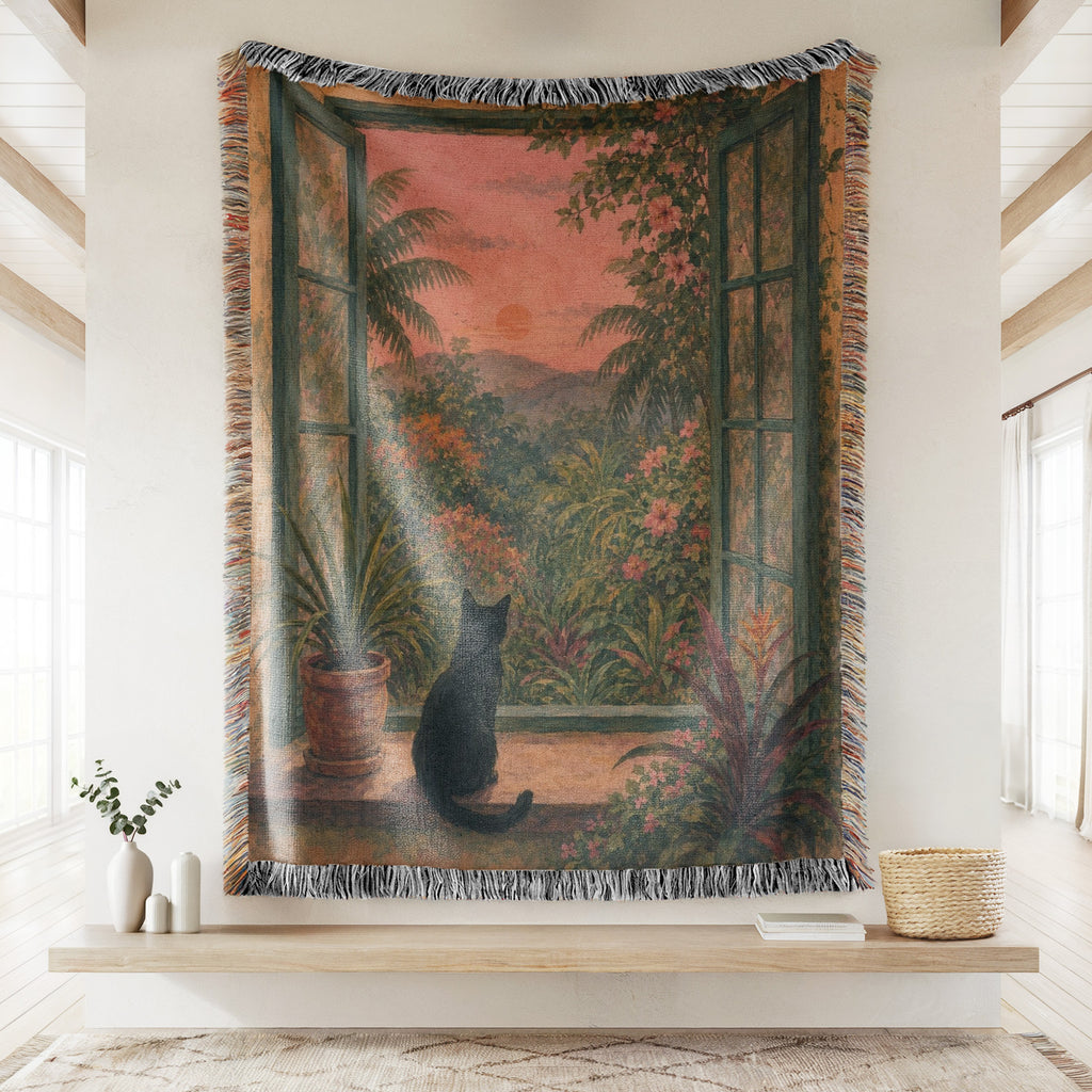 Sunset Garden Window Black Cat Blanket