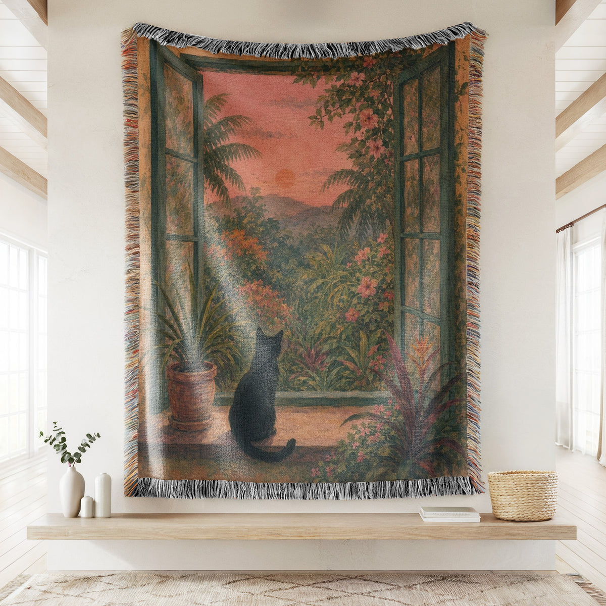 Sunset Garden Window Black Cat Blanket