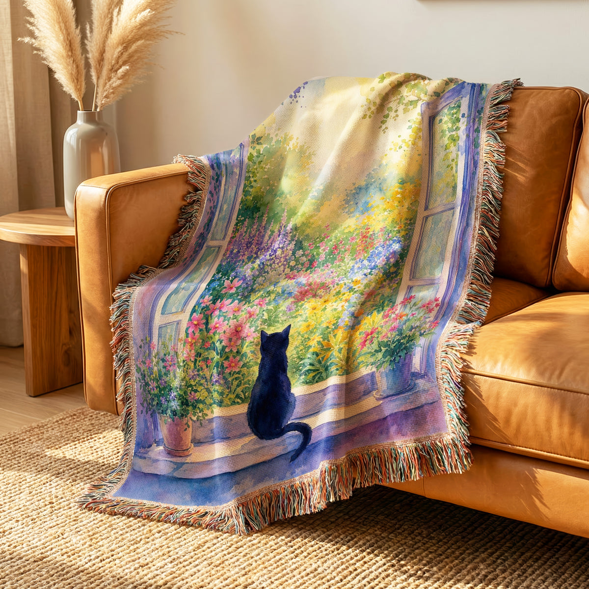Morning Garden Window Black Cat Blanket
