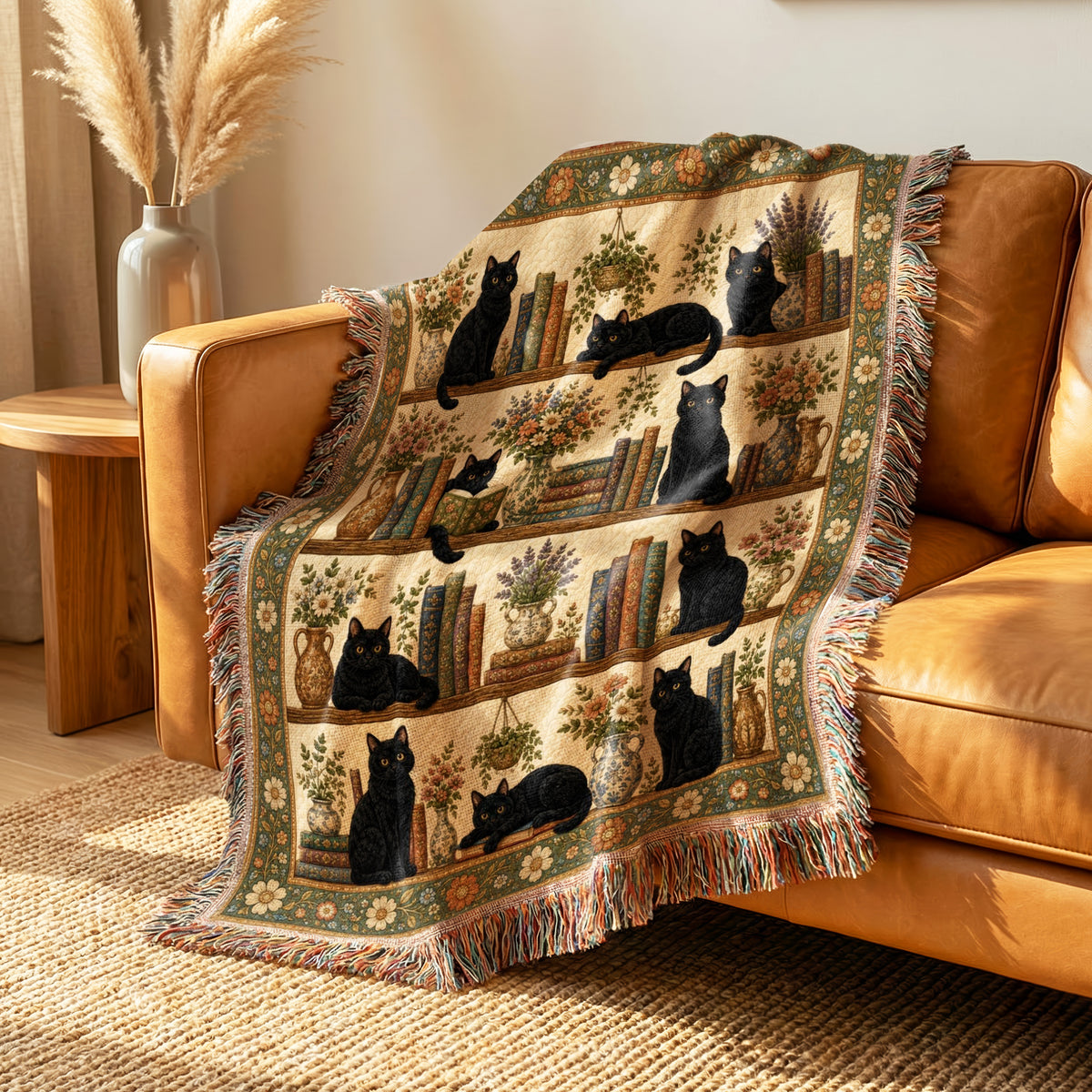 Black Cat Botanical Library Blanket