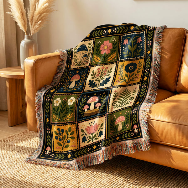 Mushroom Folk Patchwork Blanket