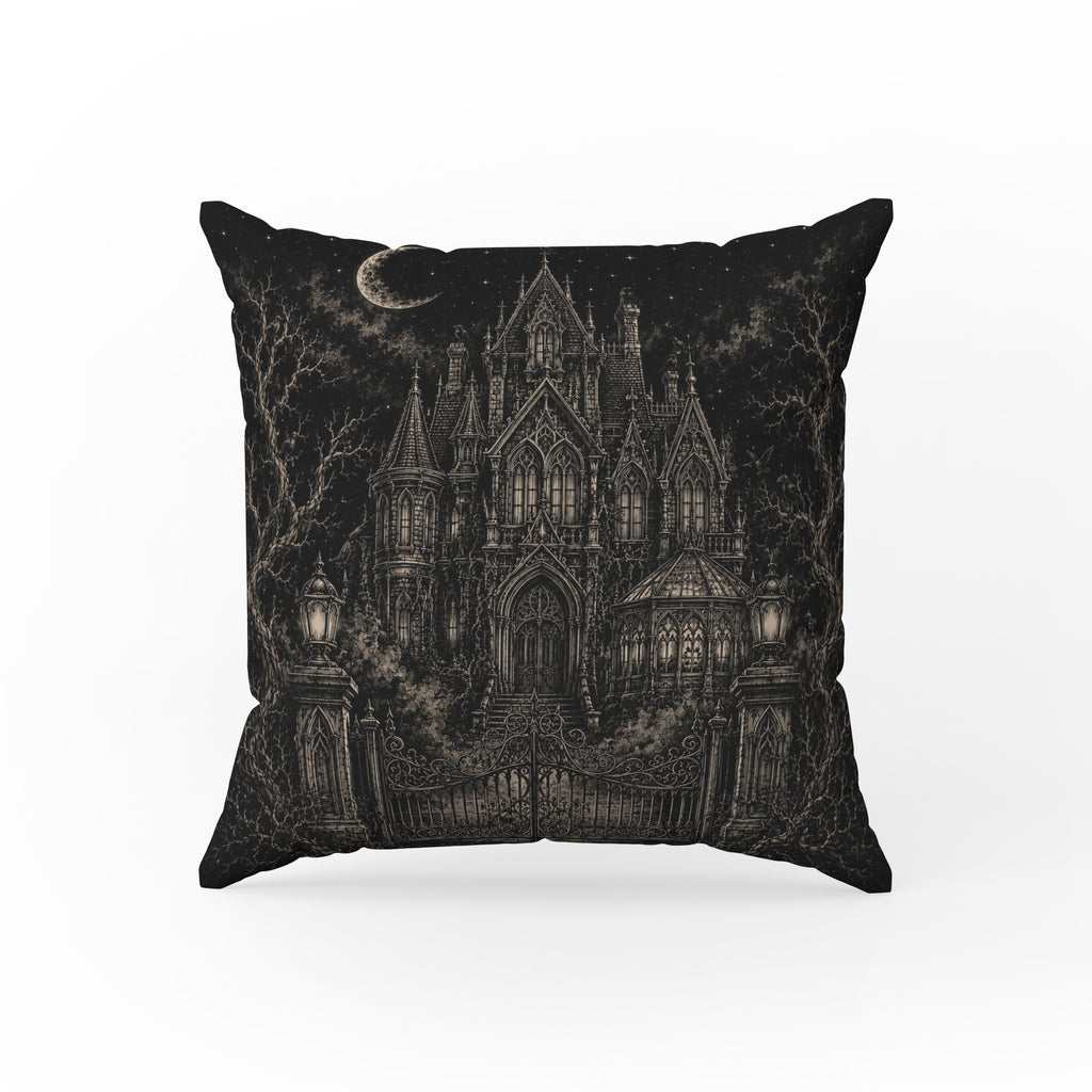 The House Beyond the Gates – Gothic Mansion Pillow