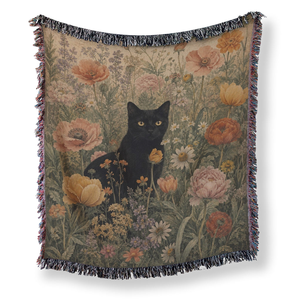 Vintage Poppy Garden Black Cat Blanket