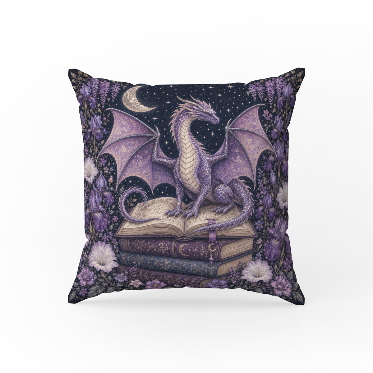 Moonlit Dragon Library – Purple Fantasy Pillow Main image