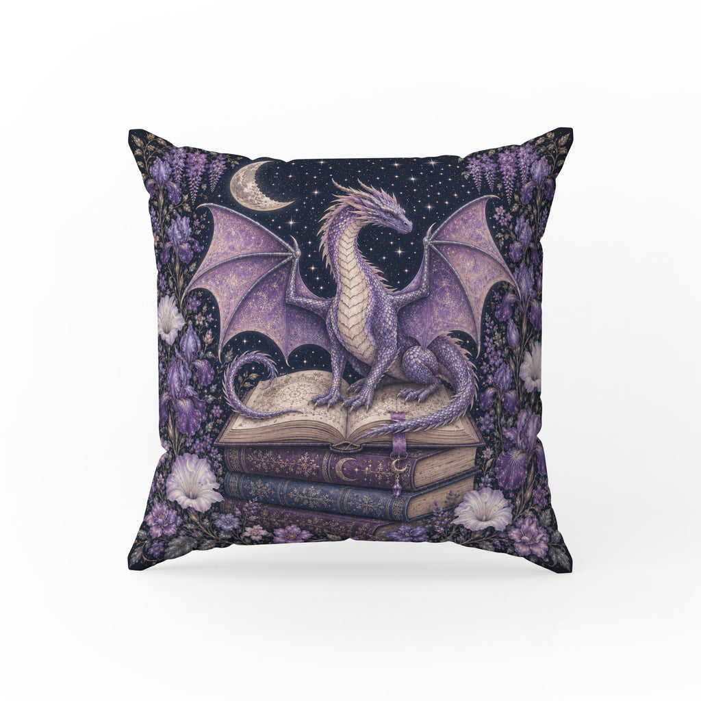 Moonlit Dragon Library – Purple Fantasy Pillow