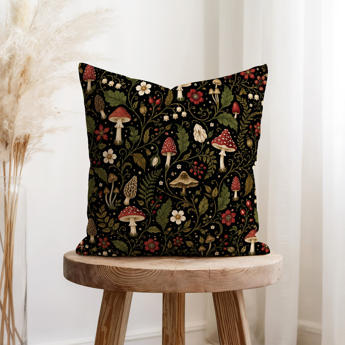 Toadstool Garden – Woodland Mushroom Floral Pillow