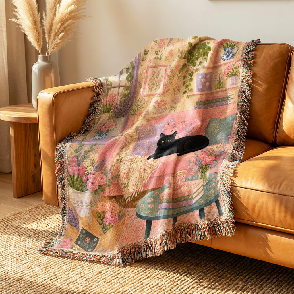 Pink Cottage Black Cat Blanket