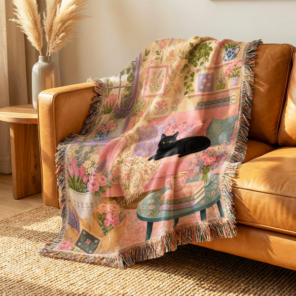 Pink Cottage Black Cat Blanket