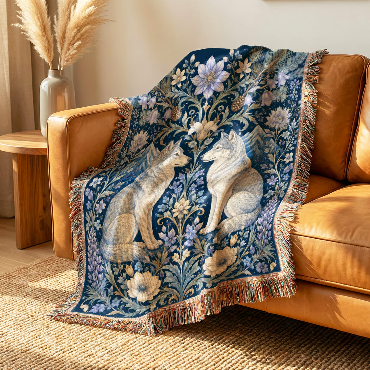 Moonlit Wolf Floral Blanket