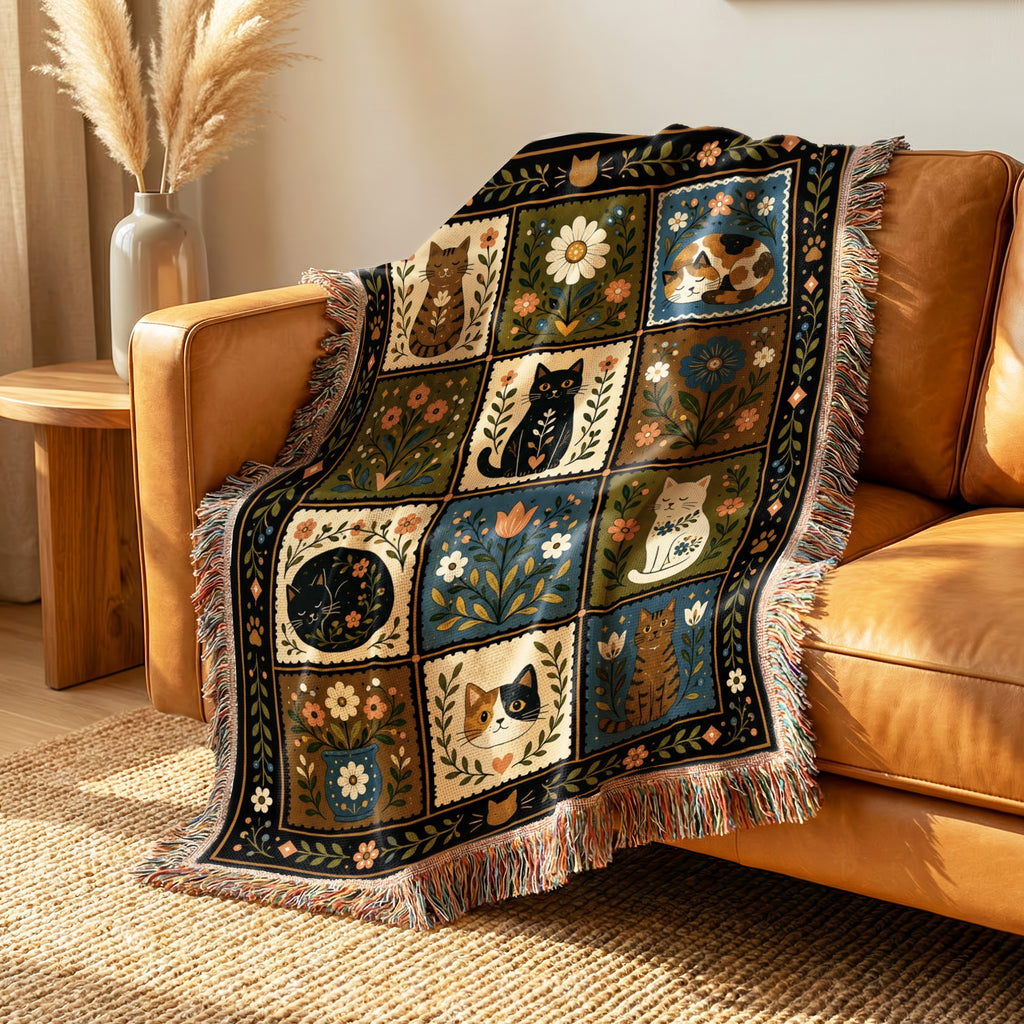 Cats in the Folk Garden Blanket