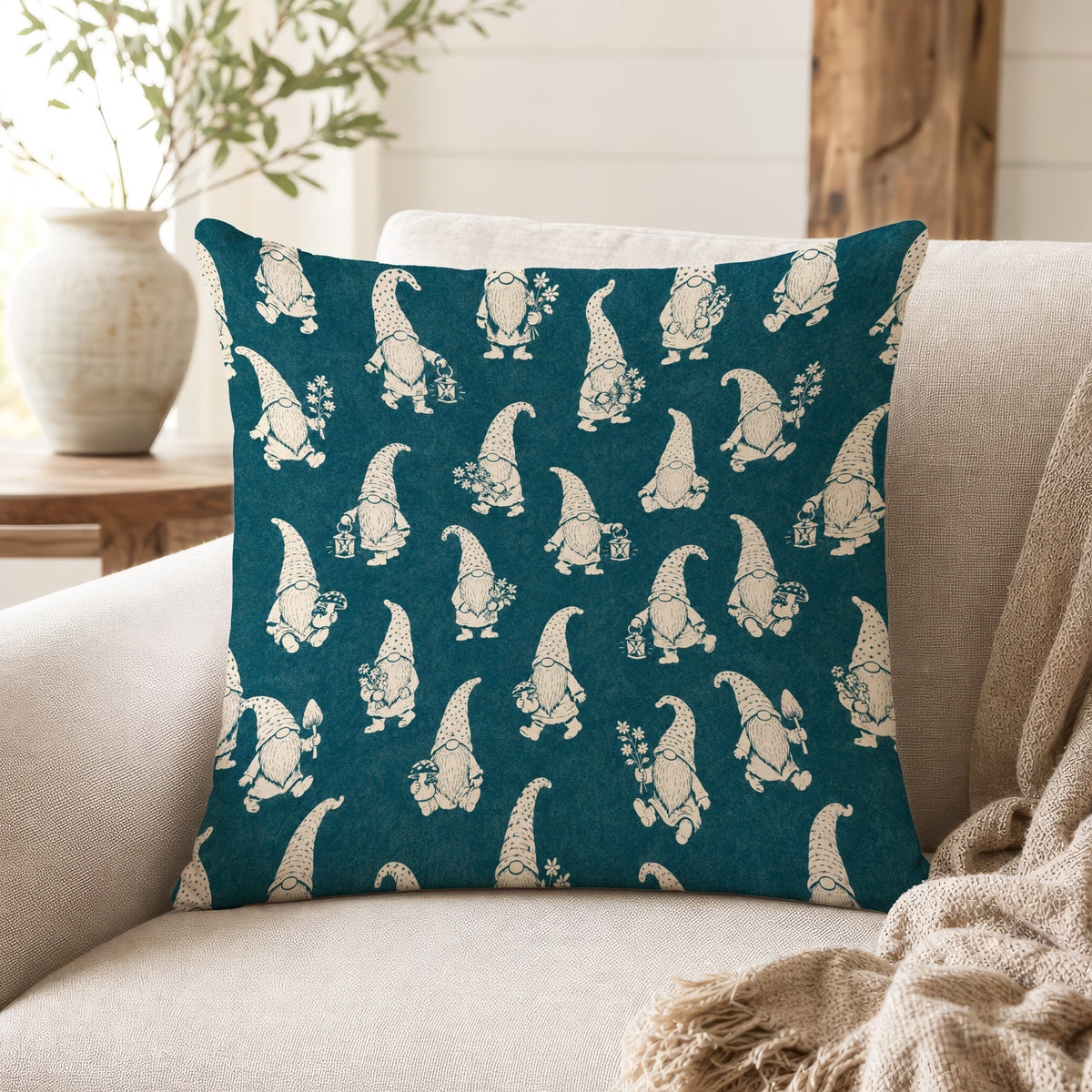 Garden Gnomes – Teal Woodland Pillow