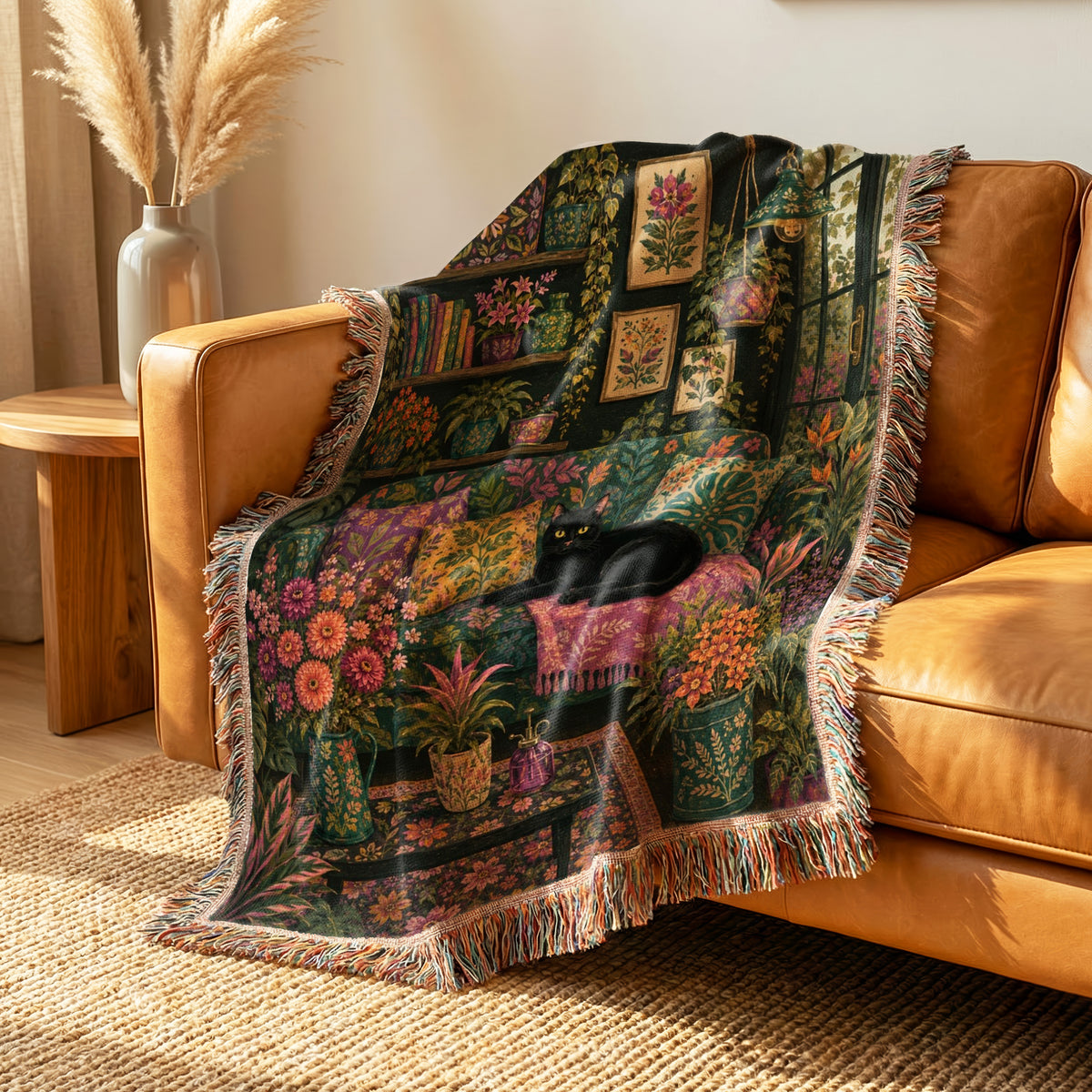 Dark Botanical Black Cat Blanket
