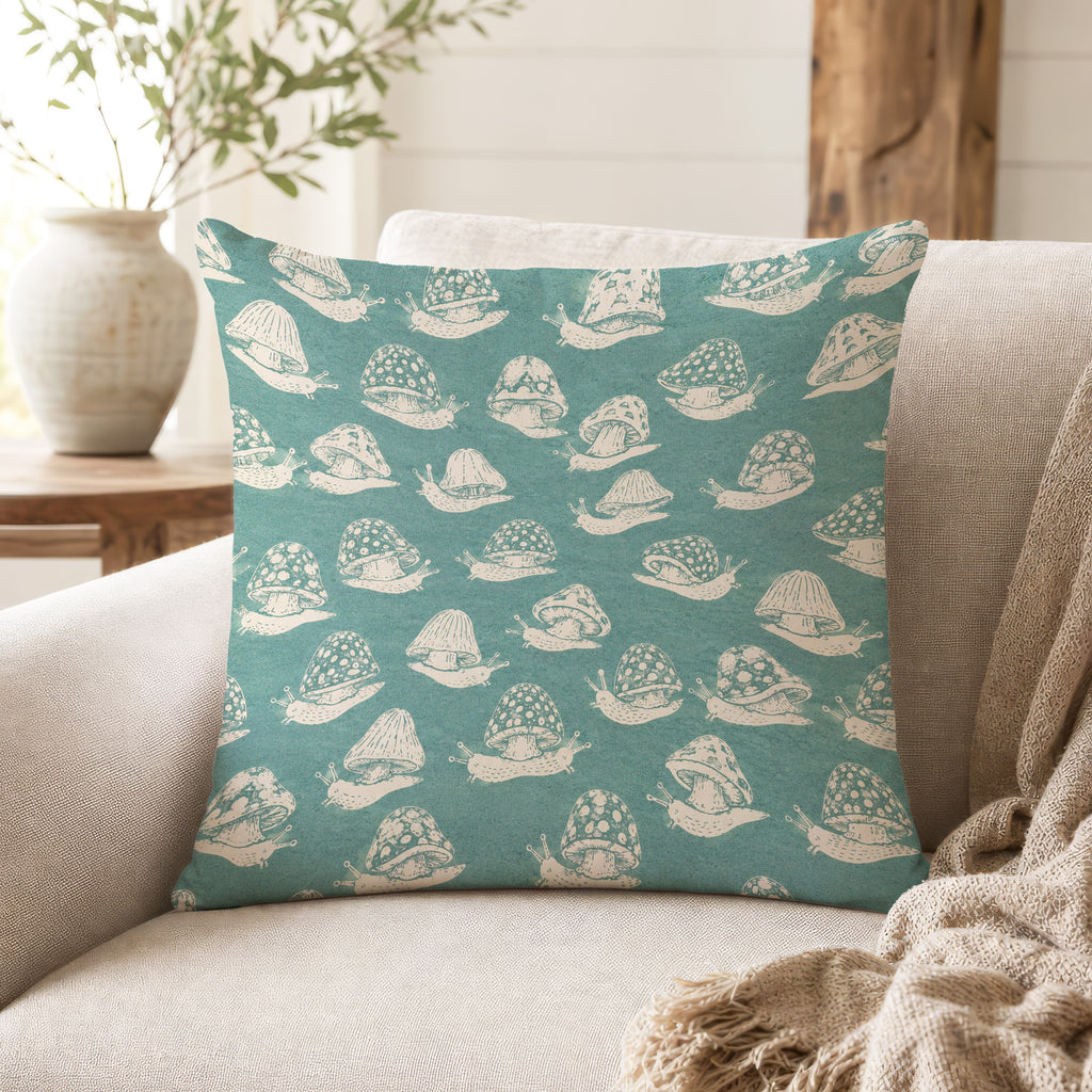 Mushroom Snails – Teal Woodland Pillow
